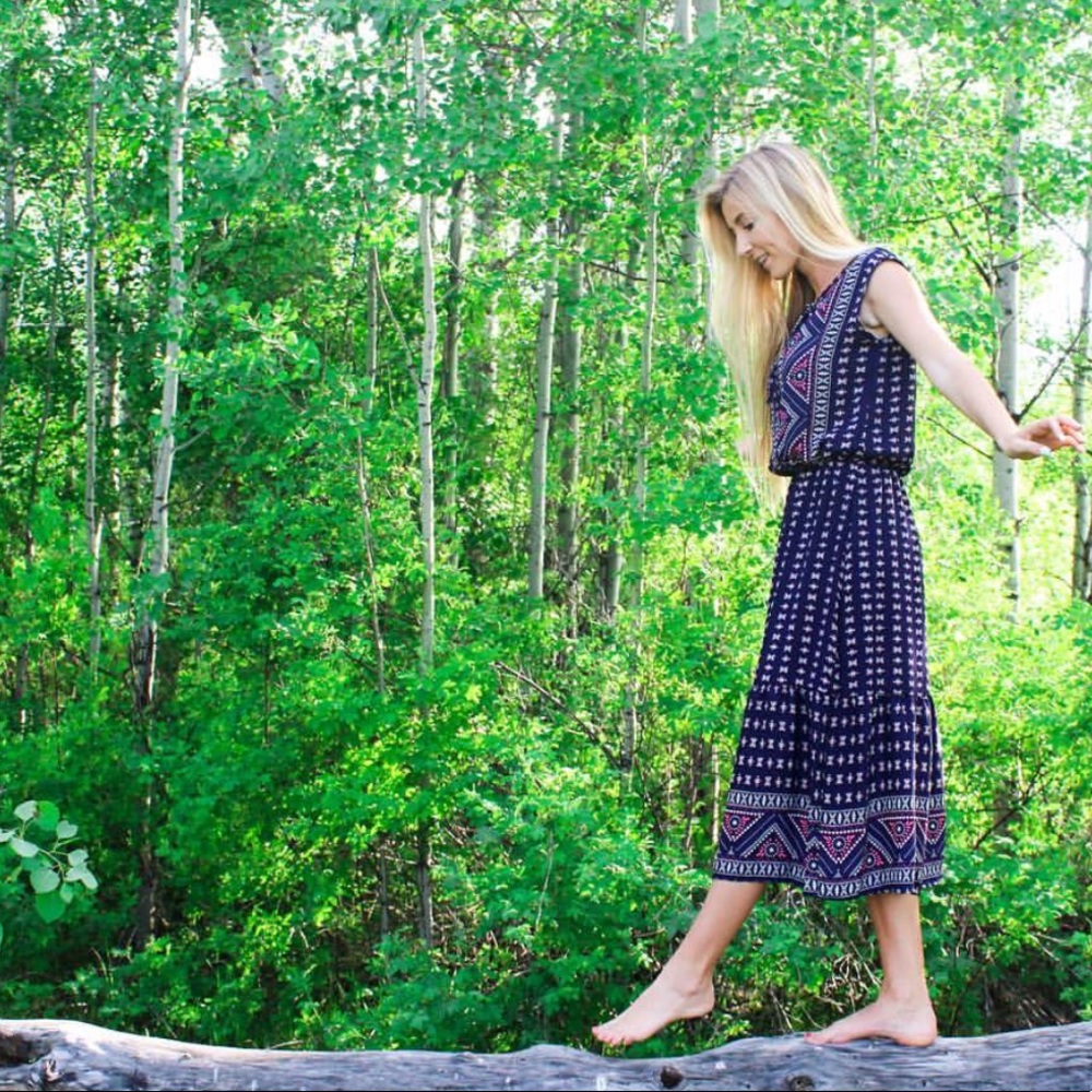 Blue Printed Sleeveless Maxi Dress
